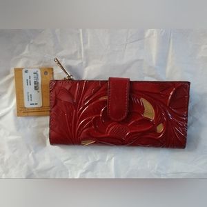 Patricia Nash RFID Nazari embossed leather berry red bifold wallet.